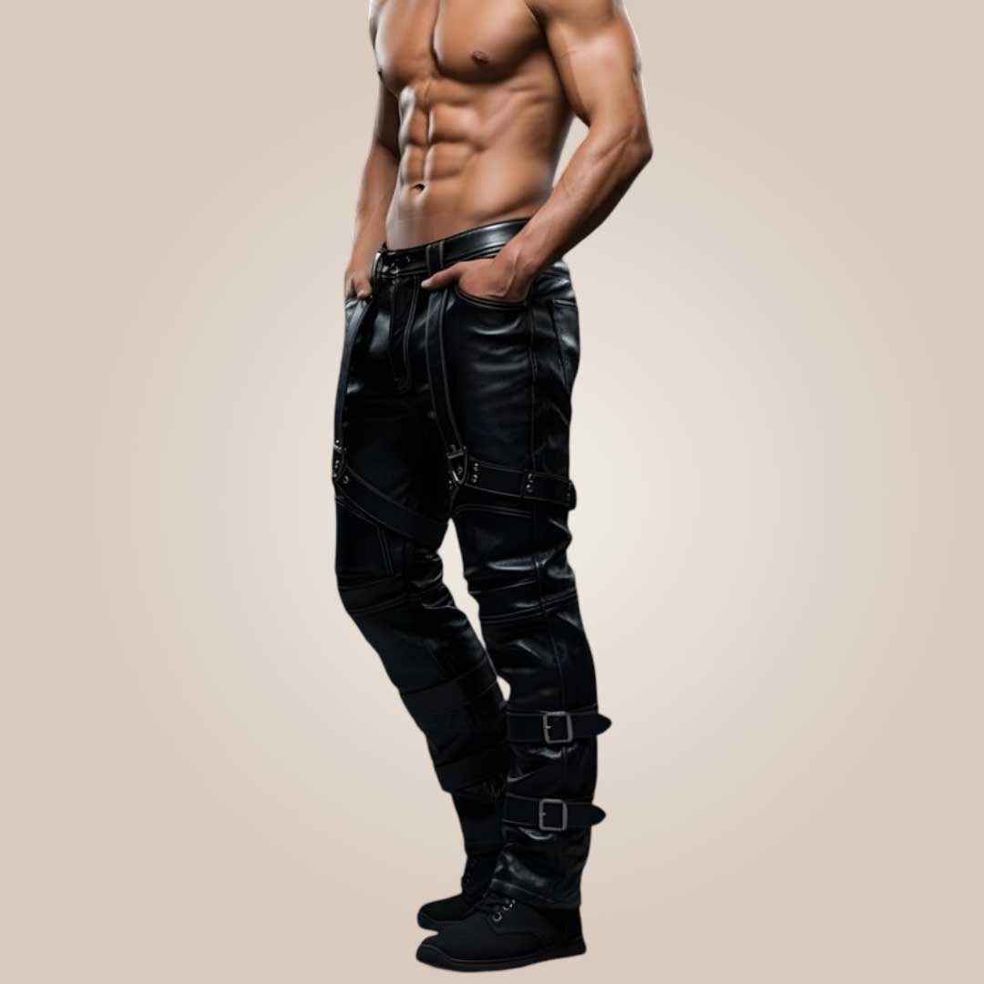 Black leather punk pants with combat straps