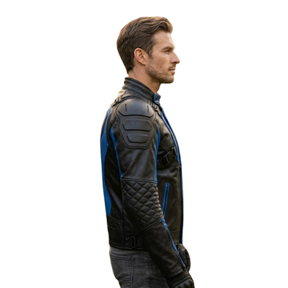 Side profile of blue and black leather motorcycle coat for men