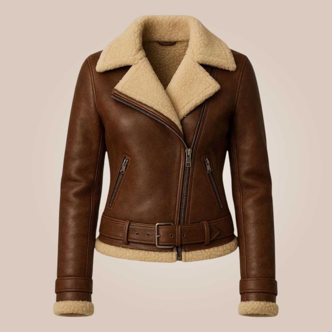 Brown sheepskin aviator jacket wide collar detail