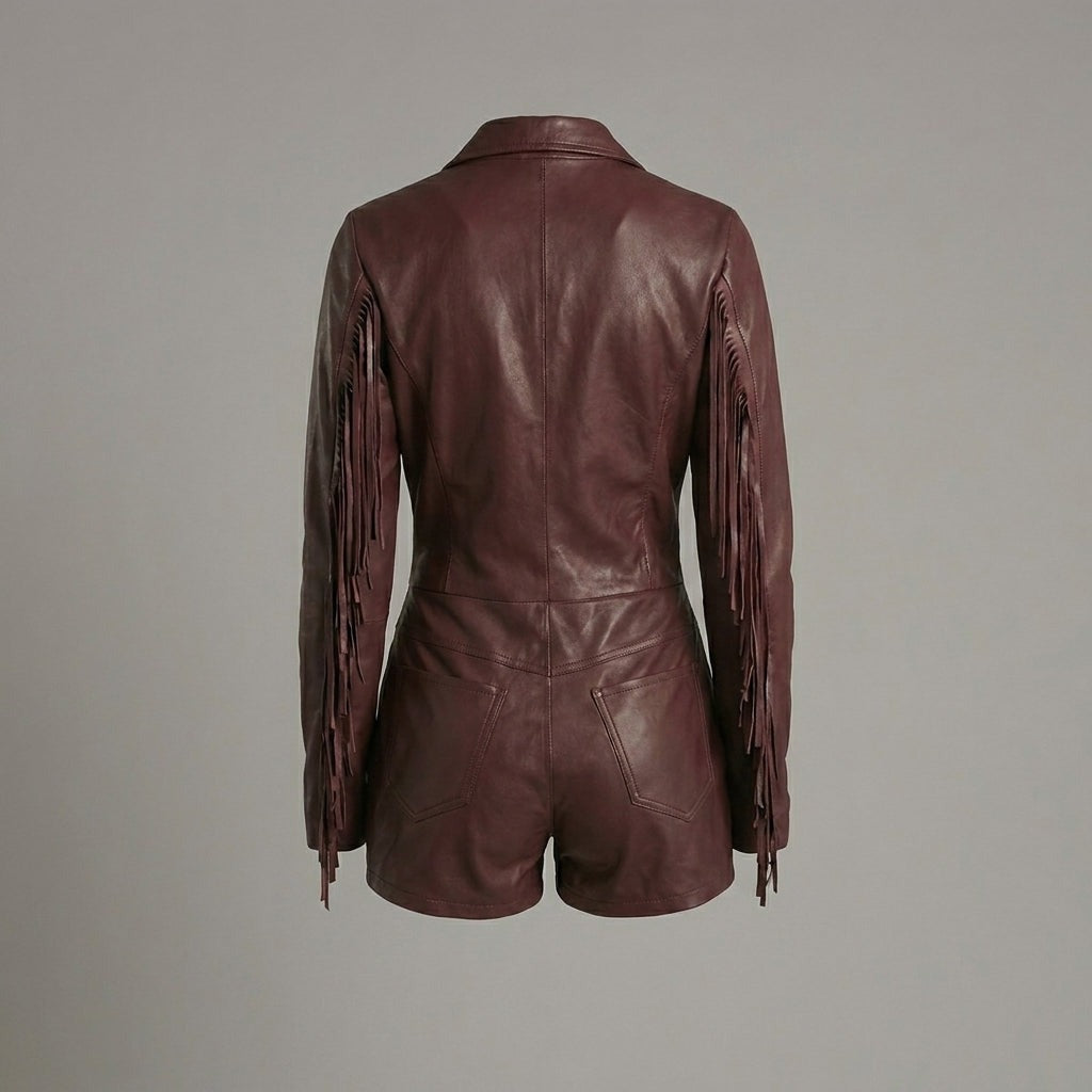Burgundy women's faux leather evening romper