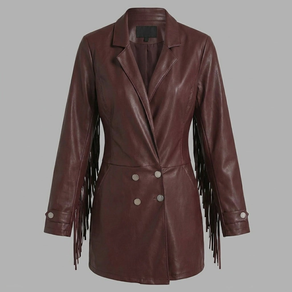 Women's burgundy double-breasted fringe romper
