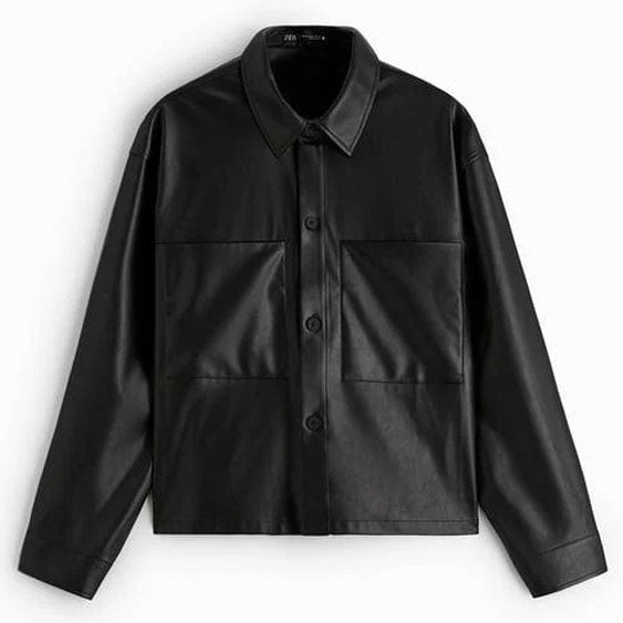 Men’s Black Button-Up Leather Overshirt – Modern Minimalist Style