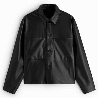 Men’s Black Button-Up Leather Overshirt – Modern Minimalist Style