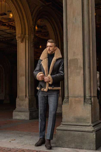 Men's full grain black sheepskin bomber jacket