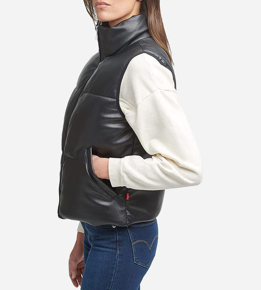 Women’s Black Leather Quilted Puffer Vest