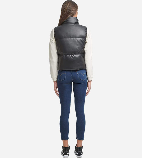 Women’s Black Leather Quilted Puffer Vest