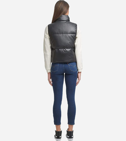 Women’s Black Leather Quilted Puffer Vest