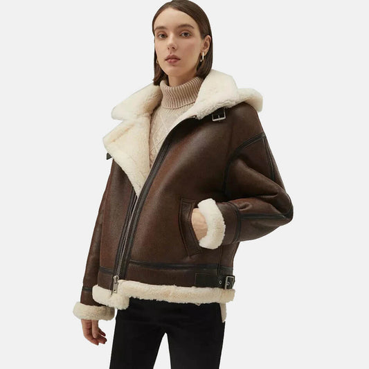 Chocolate Brown Shearling Coat with Removable Hood for Women