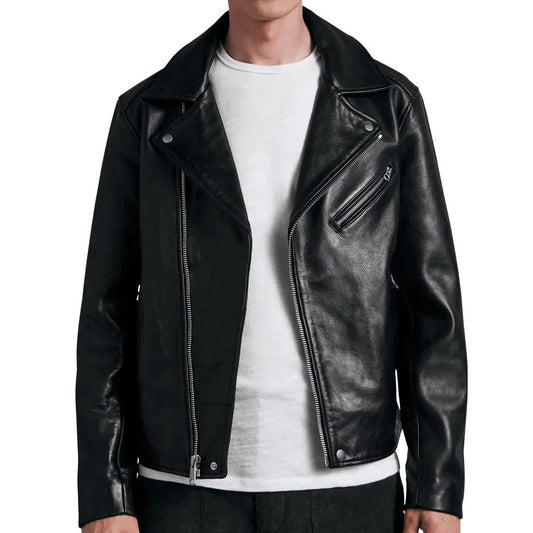 Classic Black Leather Biker Motorcycle Jacket for Men