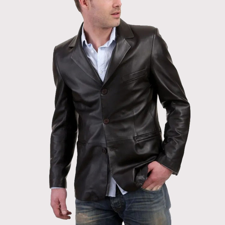 Men’s Classic Black Leather Blazer – Timeless Casual Jacket
