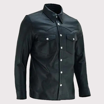 Men’s Classic Black Collared Leather Shirt – Timeless Fit