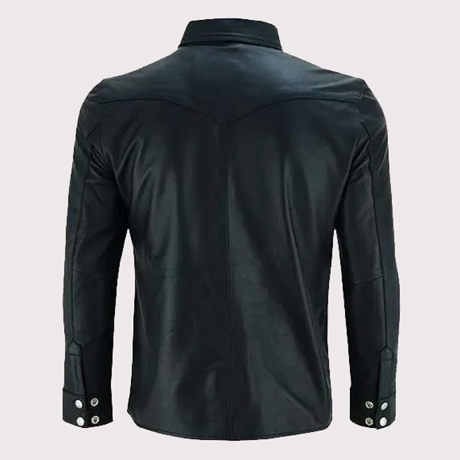 Men’s Classic Black Collared Leather Shirt – Timeless Fit
