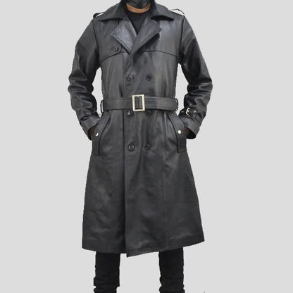 Men’s Classic Black Single-Breasted Leather Trench Coat