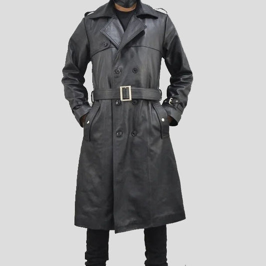 Men’s Classic Black Single-Breasted Leather Trench Coat
