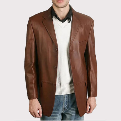 Men’s Classic Brown Leather Blazer – Three Button Style