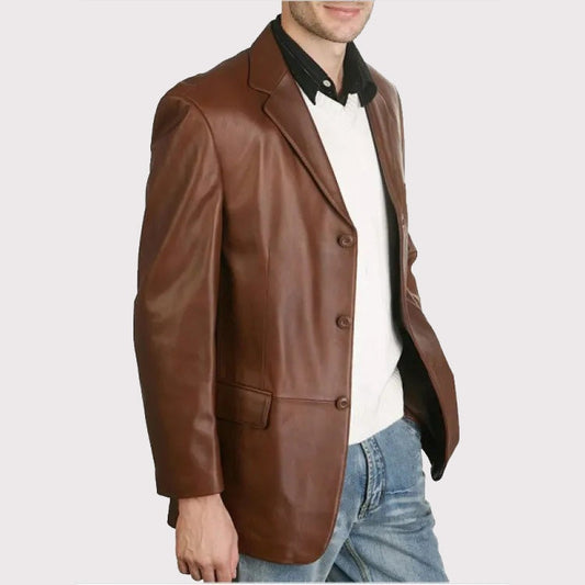 Men’s Classic Brown Leather Blazer – Three Button Style