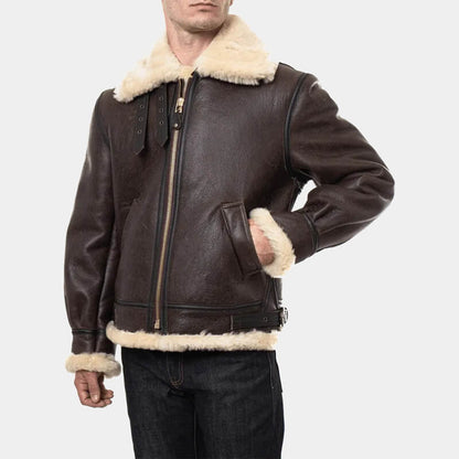 Classic brown shearling bomber jacket