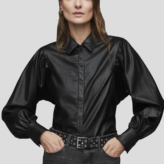 Women’s Black Leather Shirt – Classy Balloon Sleeve Statement