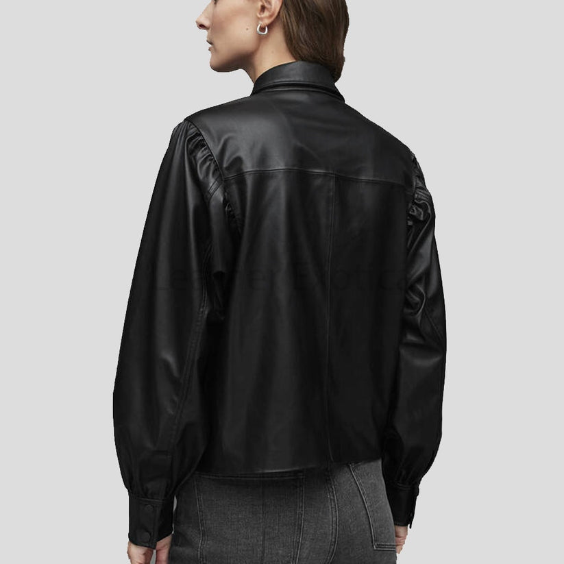 Women’s Black Leather Shirt – Classy Balloon Sleeve Statement