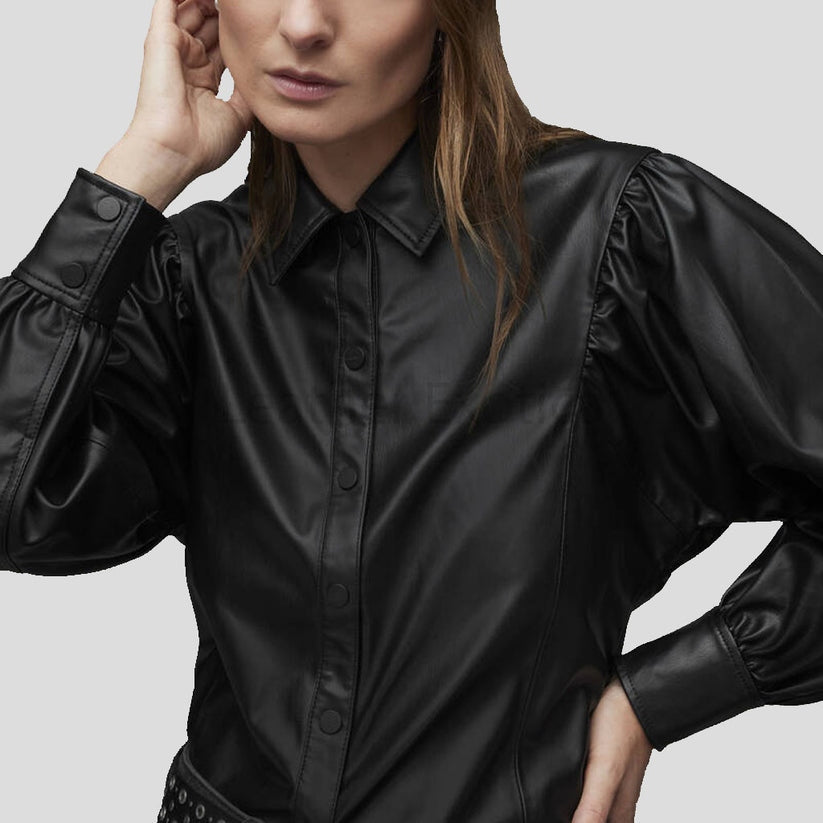 Women’s Black Leather Shirt – Classy Balloon Sleeve Statement