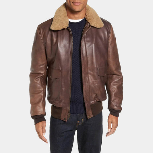 Cowhide Leather Bomber Jacket with Shearling Collar