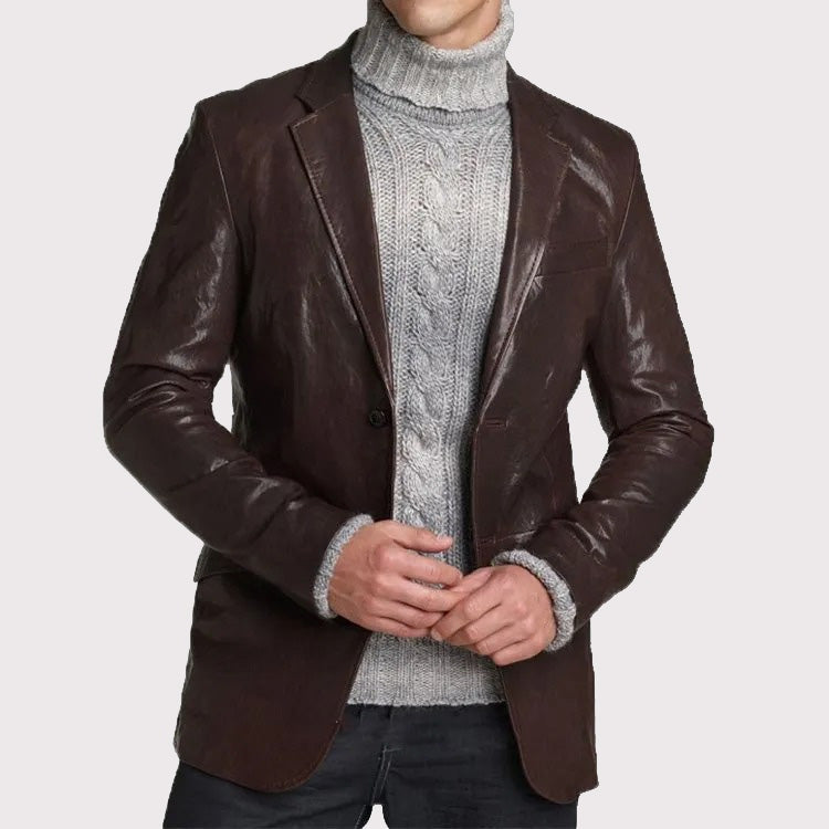 Men’s Custom Brown Leather Blazer – Tailored Fit Jacket