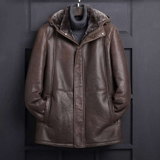 Men’s Dark Brown Hooded Shearling Coat – Classic B3 Bomber Style