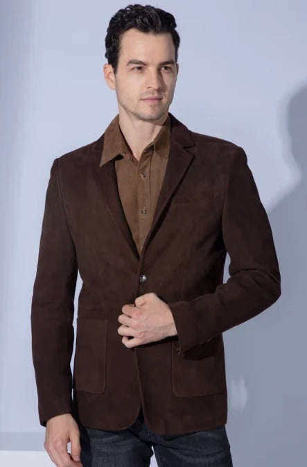 Men’s Dark Brown Suede Leather Blazer Jacket
