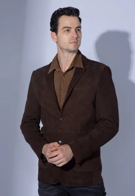 Men’s Dark Brown Suede Leather Blazer Jacket