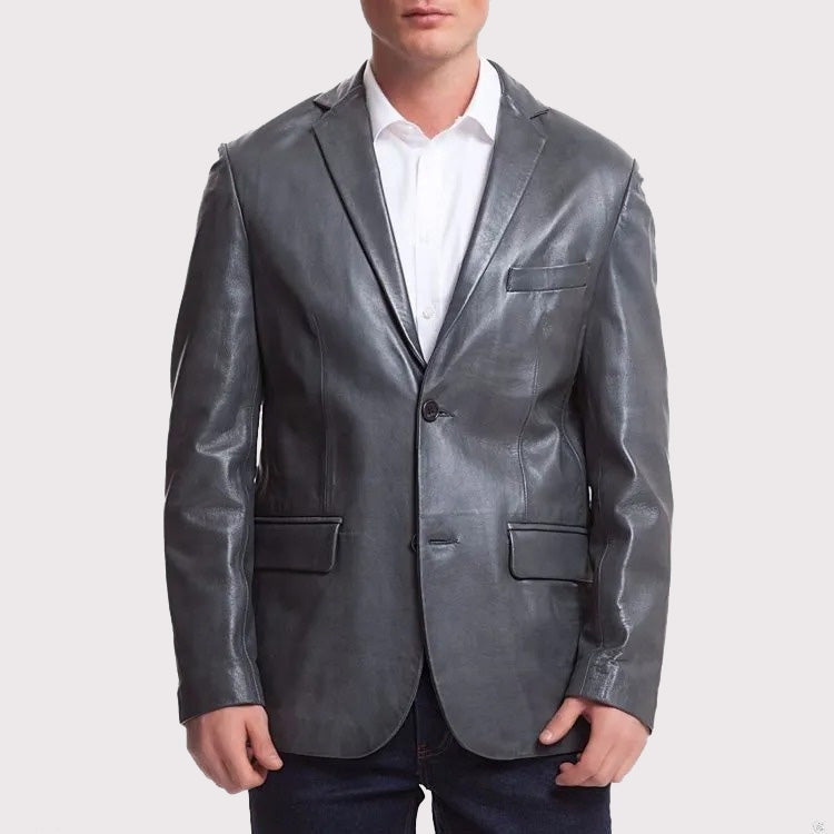 Men’s Dark Gray Leather Sports Blazer – Coat Style Jacket