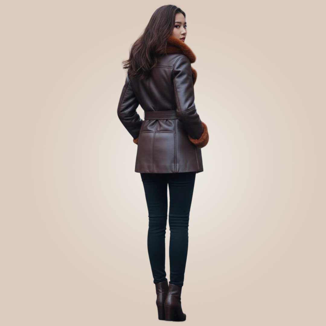 Dark brown biker shearling coat women waist belt detail