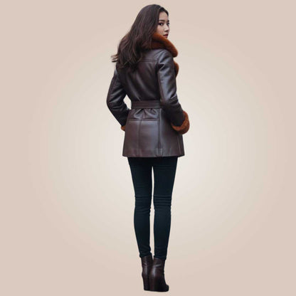 Dark brown biker shearling coat women waist belt detail