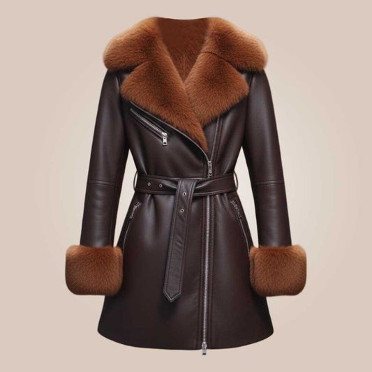 Dark brown leather shearling aviator coat women front view