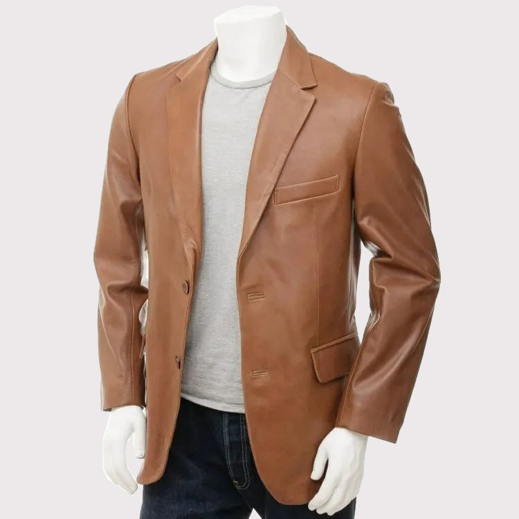 Men's Designer Brown Lambskin Leather Blazer – Two-Button Tailored Fit