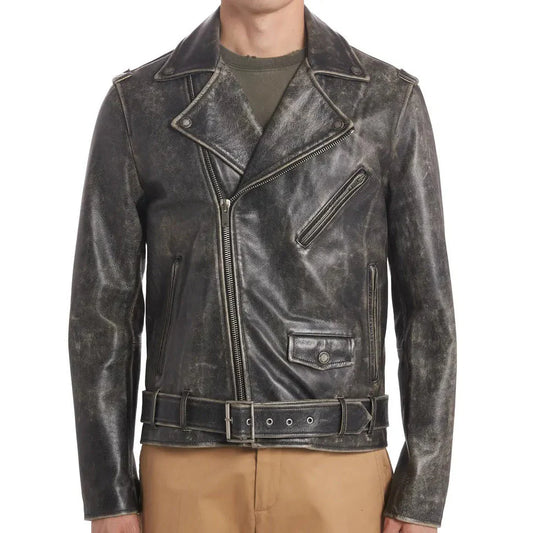 Vintage Distressed Leather Moto Jacket for Men