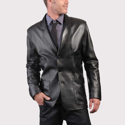 Men’s Elegant Black Leather Blazer Coat – Three-Button Style