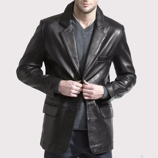 Men's Elegant Long Black Leather Blazer Coat