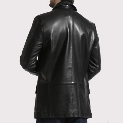 Men's Elegant Long Black Leather Blazer Coat