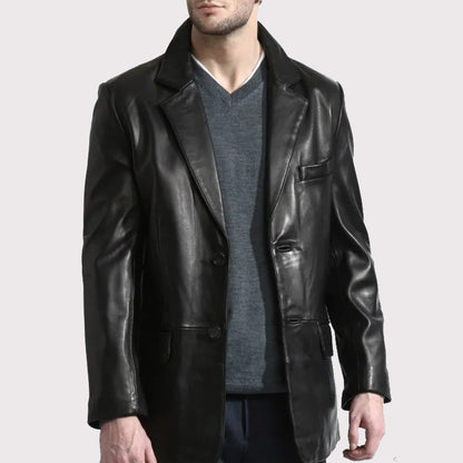 Men's Elegant Long Black Leather Blazer Coat