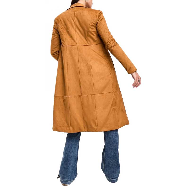 Elegant Notch Collar Women Leather Trench Coat Back View