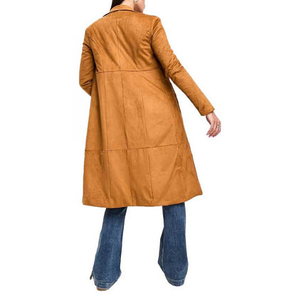 Elegant Notch Collar Women Leather Trench Coat Back View