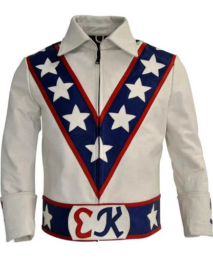 White leather jacket featuring a shirt collar and front zipper closure.