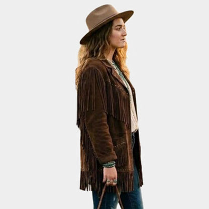 Women Brown Suede Leather Fringe Jacket Western Boho Biker Style