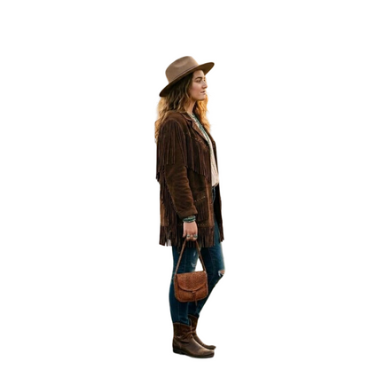 Side angle of brown suede fringe jacket showing long flowing fringe