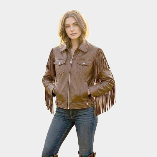 Women Brown Leather Fringe Jacket Western Cowboy Moto Style