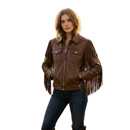  Front view of women brown leather fringe jacket with western cowboy design