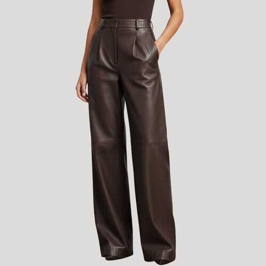 Genuine Brown Leather Pants for Women in High Waist & Wide Leg