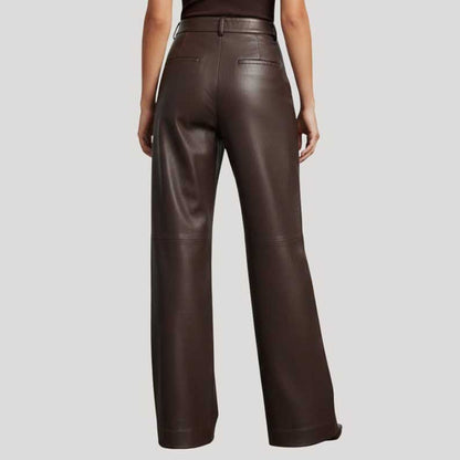 Genuine Brown Leather Pants for Women in High Waist & Wide Leg