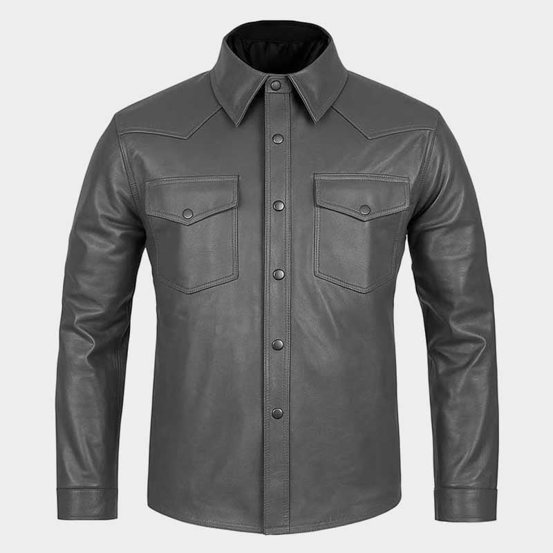 Genuine Sheep Leather Cowboy Shirt in Gray with Snap Buttons