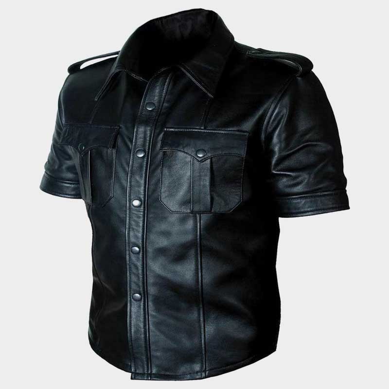 Genuine Sheep Leather Police Shirt with Epaulets and Chest Pockets